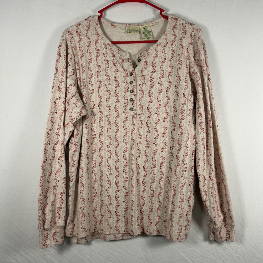 St Johns Bay Henley Top Womens Large Cream Red Floral Long Sleeve Cotton